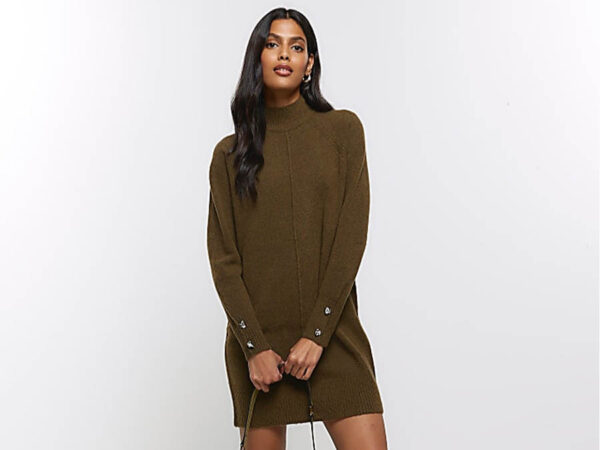 Ladies recycled polyester knitted Khaki Jumper Mini Dress