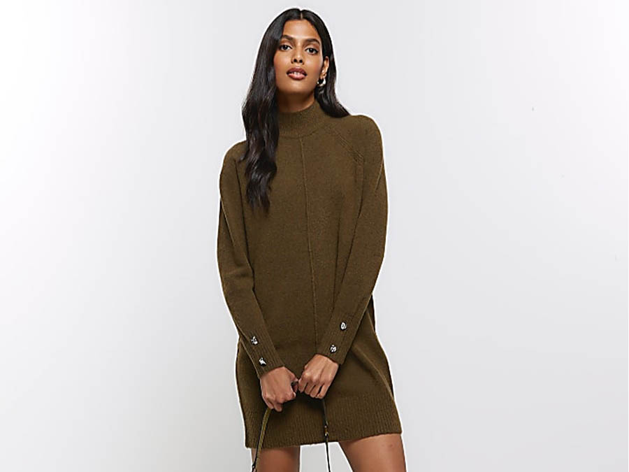 Ladies recycled polyester knitted Khaki Jumper Mini Dress
