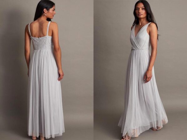 Ladies silver recycled polyester maxi dress sustainablefashion.ie Ireland