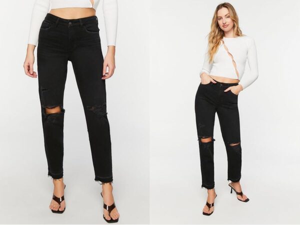 Ladies black Recycled Cotton Distressed Straight-Leg Jeans sustainablefashion.ie