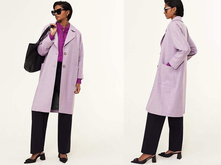 Ladies Recycled wool Long Lilac winter coat sustainablefashion.ie Ireland
