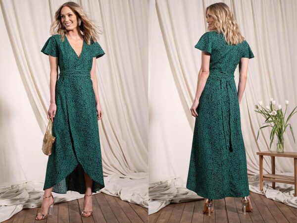 Ladies green print recycled polyester wrap dress sustainablefashion.ie Ireland