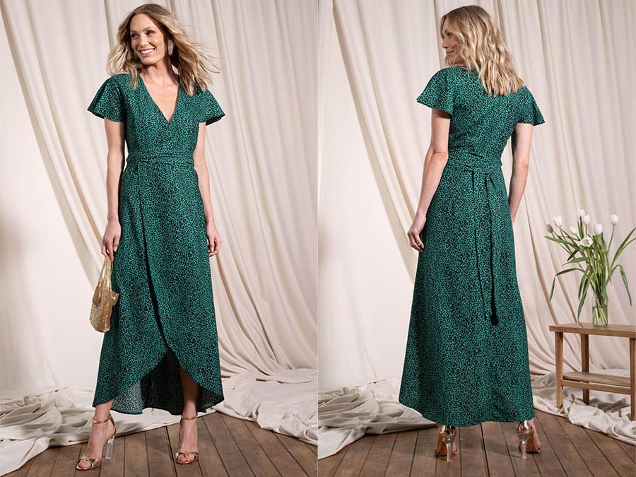 Ladies green print recycled polyester wrap dress sustainablefashion.ie Ireland