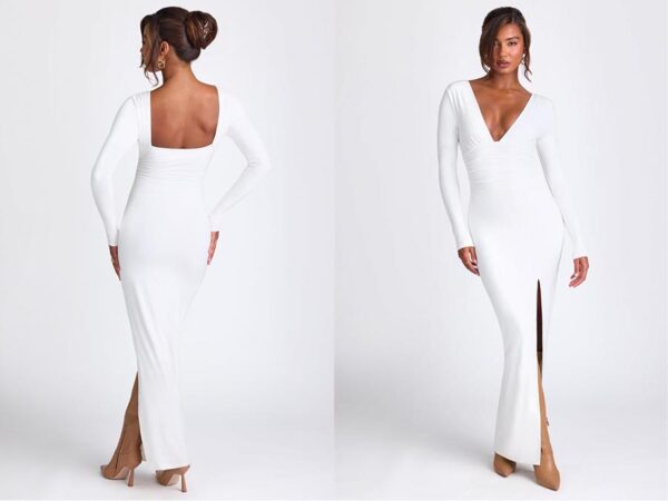 Ladies white Plunge Neck Long Sleeve Tencel Maxi Dress sustainablefashion.ie Ireland