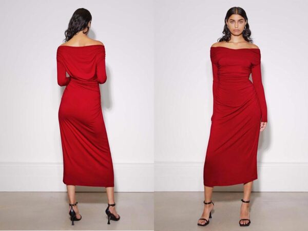 Ladies Red sustainable Ruched Off-Shoulder Dress made from Tencel sustainablefashion.ie