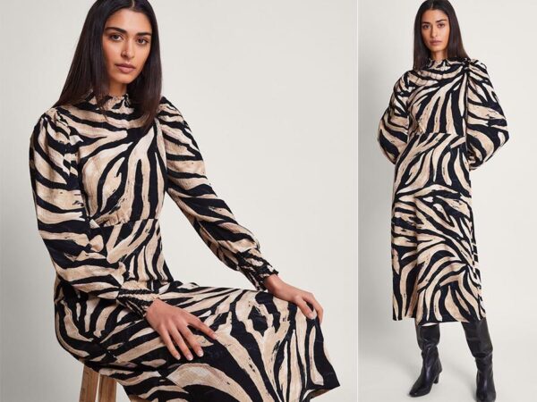 Ladies black and white Recycled Polyester Animal Print Dress sustainablefashion.ie 2024 Ireland
