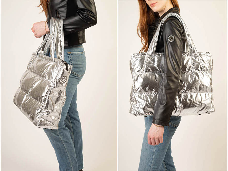 Ladies Silver Vegan Leather Puffer Bag. sustainablefashion.ie 2024 Ireland